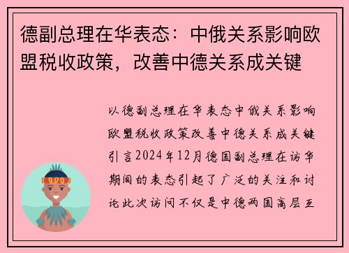 德副总理在华表态：中俄关系影响欧盟税收政策，改善中德关系成关键